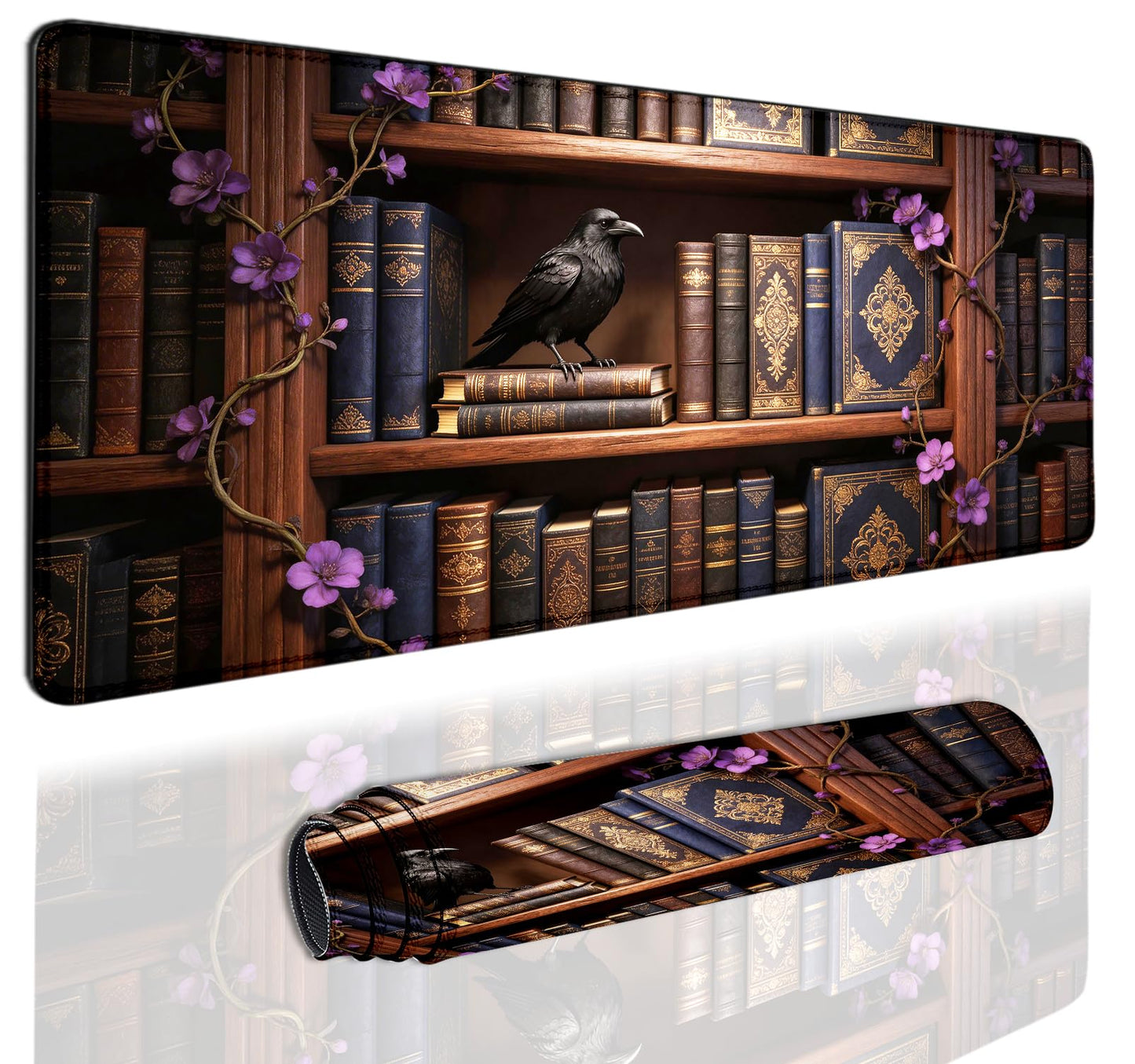 Extended Gaming Mouse Pad 31.5 x11.8 inch, Large Non-Slip Rubber Desk Mat for Gamers, Waterproof Smooth Surface for Precise Mouse Control, Washable Computer Keyboard Pad (Gothic Crow Library)