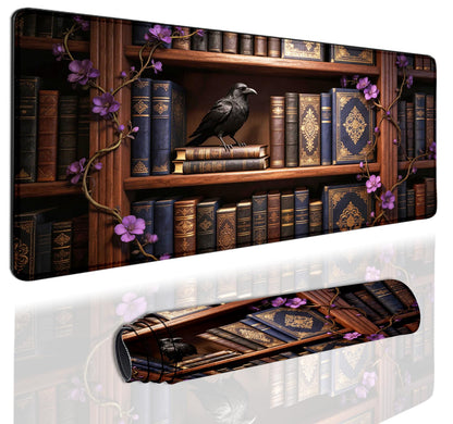 Extended Gaming Mouse Pad 31.5 x11.8 inch, Large Non-Slip Rubber Desk Mat for Gamers, Waterproof Smooth Surface for Precise Mouse Control, Washable Computer Keyboard Pad (Gothic Crow Library)