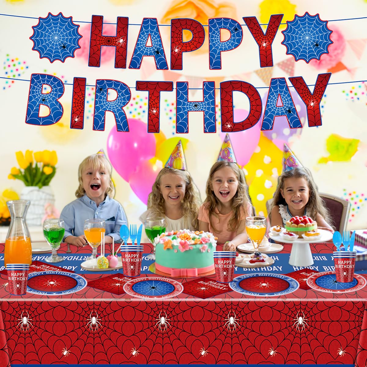 96Pcs Spider Birthday Party Tableware, Spiderweb Theme Plates Napkins Cups Forks Knives Spoons Banner Party Supplies