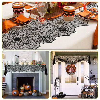 Halloween Table Runner, 2 Pcs Black Lace Spider Web Table Runner for Halloween Decor, 18 X 73 Inch Gothic Spider Lace Cover Table Runner for Dining Table Centerpiece Decor, Halloween Table Decorations