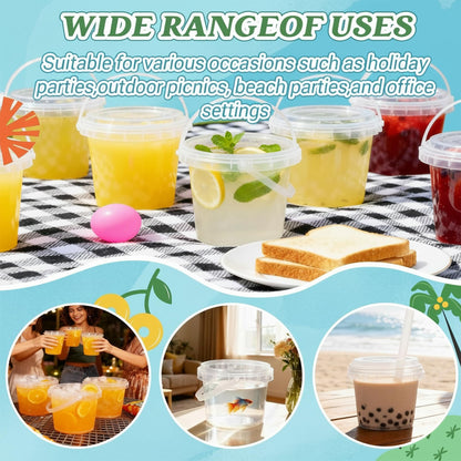 50 Sets 24 oz Clear Plastic Drink Buckets with Lids, Straws and Handles, PP Disposable Cups for Smoothies, Ice Cream, Outdoor Travel, Beach, Pool and Party Supplies