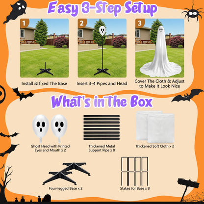 Evoio Halloween Decorations Outdoor 2 Packs 57'' Standing Ghost Adjustable Height, Light Up Spooky Halloween Decor with Built-in LED, Indoor Outside Yard Porch Lawn Party Supplies Decors