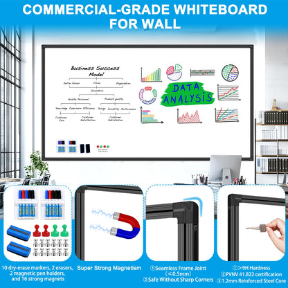 H-Qprobd 96"x48" White Board for Wall Commercial-Grade Large Magnetic Dry Erase Board with with All Kits, 4'x8' Presentation Whiteboard for Office, Gov't, Classroom & Conference Rooms, Home