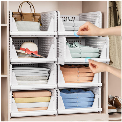 5 Pack Stackable Closet Storage Basket - Stackable Storage Bins, Multifunctional & Foldable Closet Organizer Waterproof, Wardrobe Cupboard Space-Saving Hat Storage Drawer Organizer, White