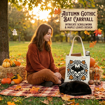 2 Pack Vintage Fall Halloween Canvas Tote Bags,Retro Gothic Ghost Witch Pumpkin Bat&Autumn Maple Leaf,Reusable Carryall Bags for Trick-or-Treat,Fall Harvest&Thanksgiving Gifting (Bat&Pumpkin)