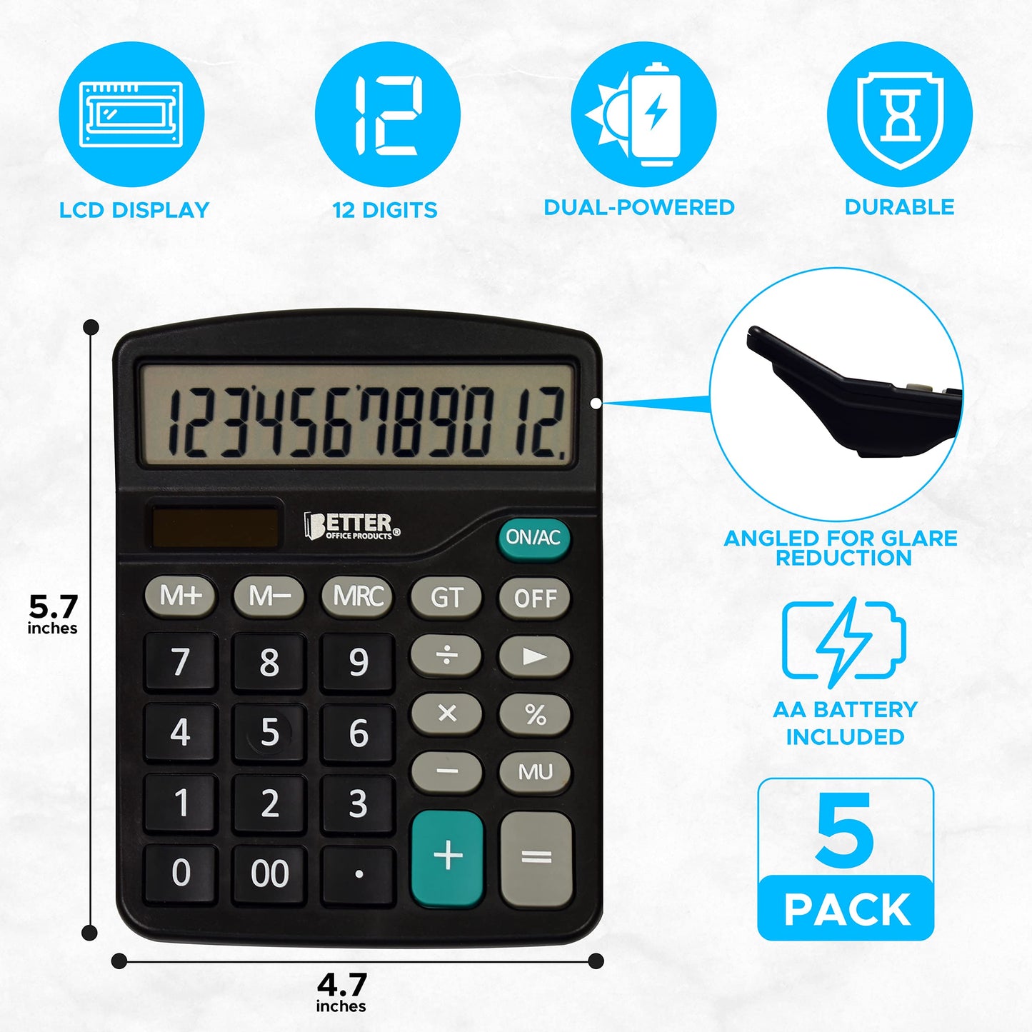Better Office Products Large Desktop Calculators, 5 Pack, 12-Digit LCD Display, Angled Display Panel, Standard Function, Black, Dual Power with Included AA Battery Power, 5 Pack