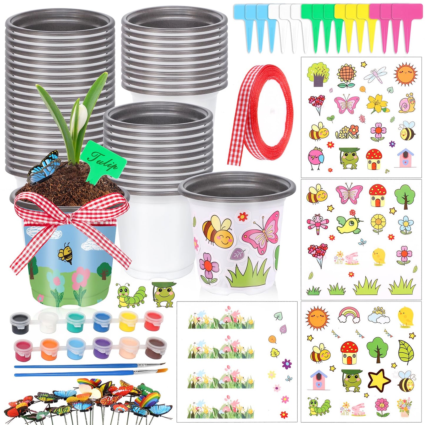 Garden Plastic Pot Craft Kit 50 Nursery Pots with 32 Stickers 50 Plant Labels 4 Painting Tools and 1 Ribbon for Flower Plant Spring Summer Graduation DIY Crafts Painting Gardening Growing Tools