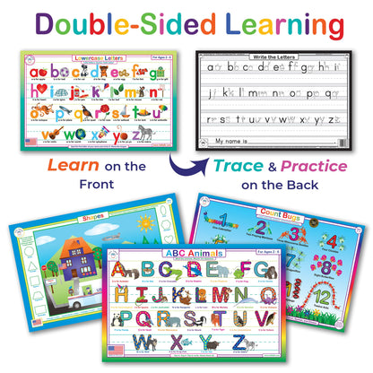 Tot Talk Early Learning Educational Placemat 4-Pack for Kids – Made in USA – Uppercase ABCs Alphabet, Lowercase ABCs, Numbers and Shapes – Durable, Double-Sided, Waterproof, Wipeable Learning Mats