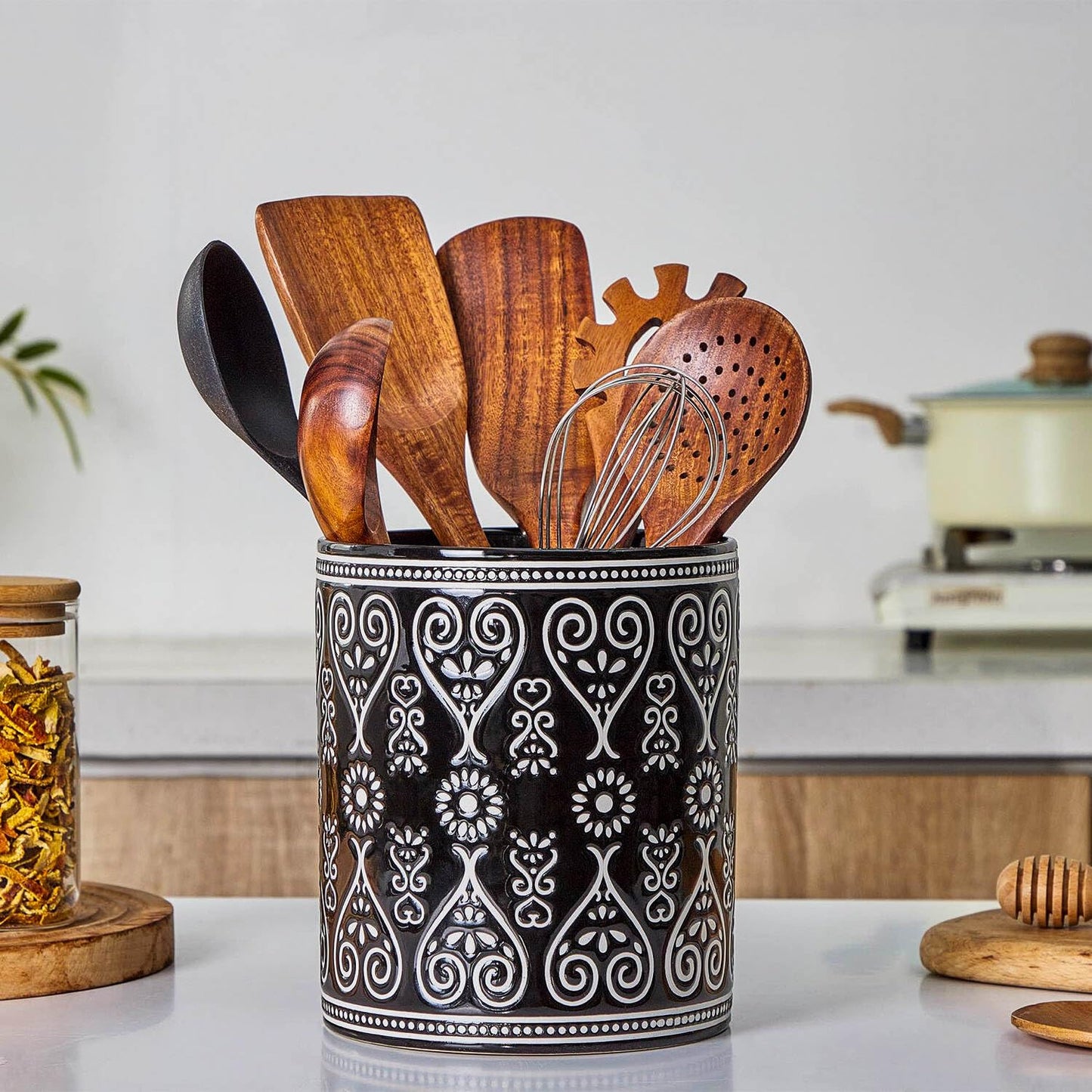 Delpnana Black Heavy Ceramic Utensil Holder, 7" Extra Large Kitchen Utensil Holder for Countertop, Cooking Ceramic Crock for Farmhouse Kitchen Decor