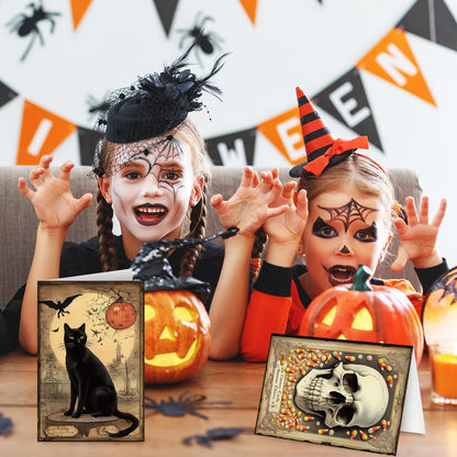 Whaline 32 Pack Halloween Greeting Cards with Stickers Envelopes Vintage Pumpkin Black Cat Skull Blank Note Cards for Trick or Treat Invitation, 4 x 6 Inch