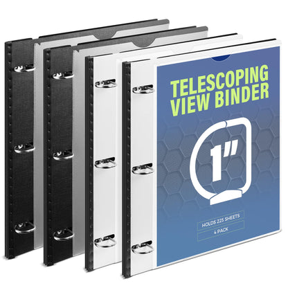 WOT I 1 Inch Telescoping 3 Ring Binder 4 Pack, Expandable Flexible Binder with Customizable Front Cover & Clear Catalog Pocket, Holds 225 Sheets, School Office Supplies, Black+White