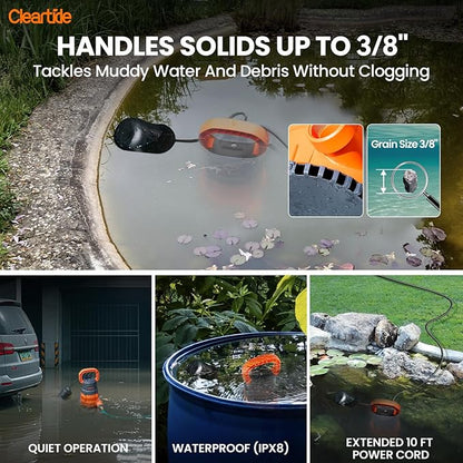 Cleartide Submersible Water Sump Pump with Float Switch, 1/3 HP 2790 GPH High Flow, 100% Copper Motor, Ideal for Pool, Ideal for Yard and Flooded Cellar, Hot Tub, Garden Irrigation,10 FT Cord