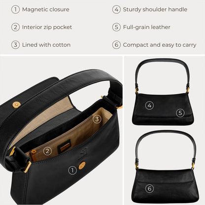 Time Resistance Leather Handbag - Full-Grain Leather Purse for Women - Shoulder Bag Made in Italy (Black)