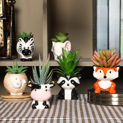 Patelai 6 Pieces Cute Animal Succulent Planter Pot with Drainage Hole, Cartoon Cow Elephant Ceramic Flower Plant Pot Tiny Flower Planter Cactus Container Indoor Outdoor Office Home Decor