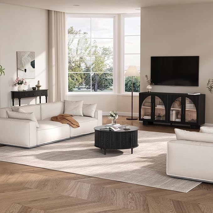 Round Coffee Table with Storage, 31.5" Modern Coffee Table with Sliding Door & Solid Wood Legs, Minimalist Fluted Center Table for Living Room, Home Small Space, Black