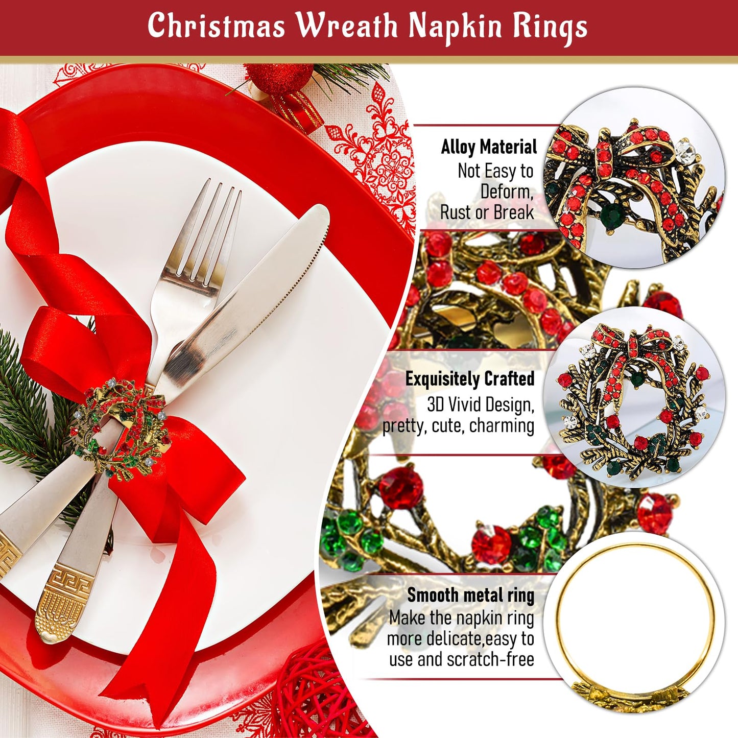 Legigo Set of 12 Christmas Wreath Napkin Rings Set- Metal Xmas Napkin Ring Holders for Cloth Napkins, Christmas Holiday Party Dinner Table Decoration