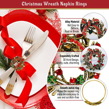 Legigo Set of 12 Christmas Wreath Napkin Rings Set- Metal Xmas Napkin Ring Holders for Cloth Napkins, Christmas Holiday Party Dinner Table Decoration