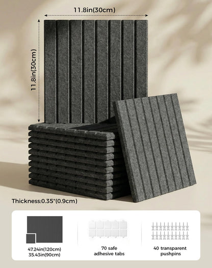 Aothia 12-Pack Felt Bulletin Board Tiles 48"x36", Modular Pin Board for Smooth Walls, Cork Board Alternative for Notes & Photos, 0.35" Thick, 70 Adhesive Tabs & 40 Pins, Charcoal Gray