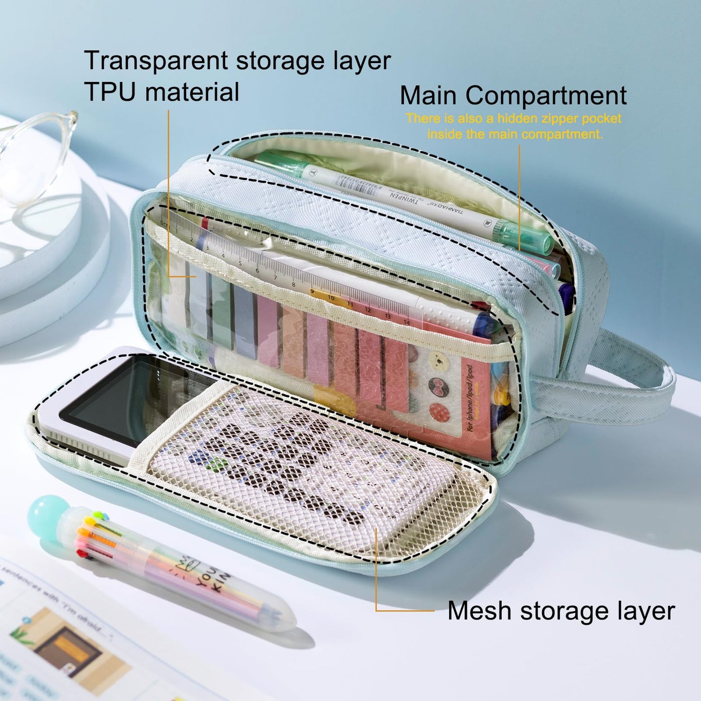 EASTHILL Large Capacity Pencil Case Cute Pencil Pouch with Handle Stationery Pen Bag for Teen Girls-Blue