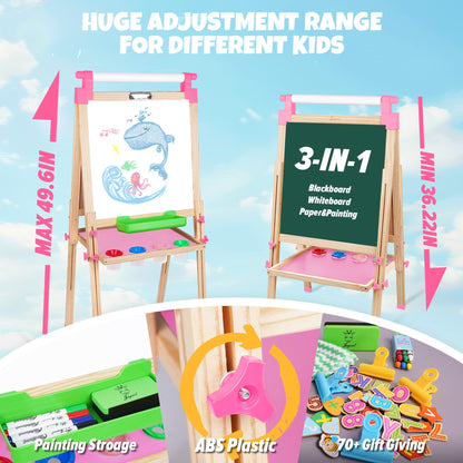 JOYOOSS Easel for Kids Art Easel for Toddlers,Wooden Kid Easel with Paper Roll - Chalkboard for Kids Adjustable Double Sided Kid Dry Erase Board,Outdoor Art Easel Toddler