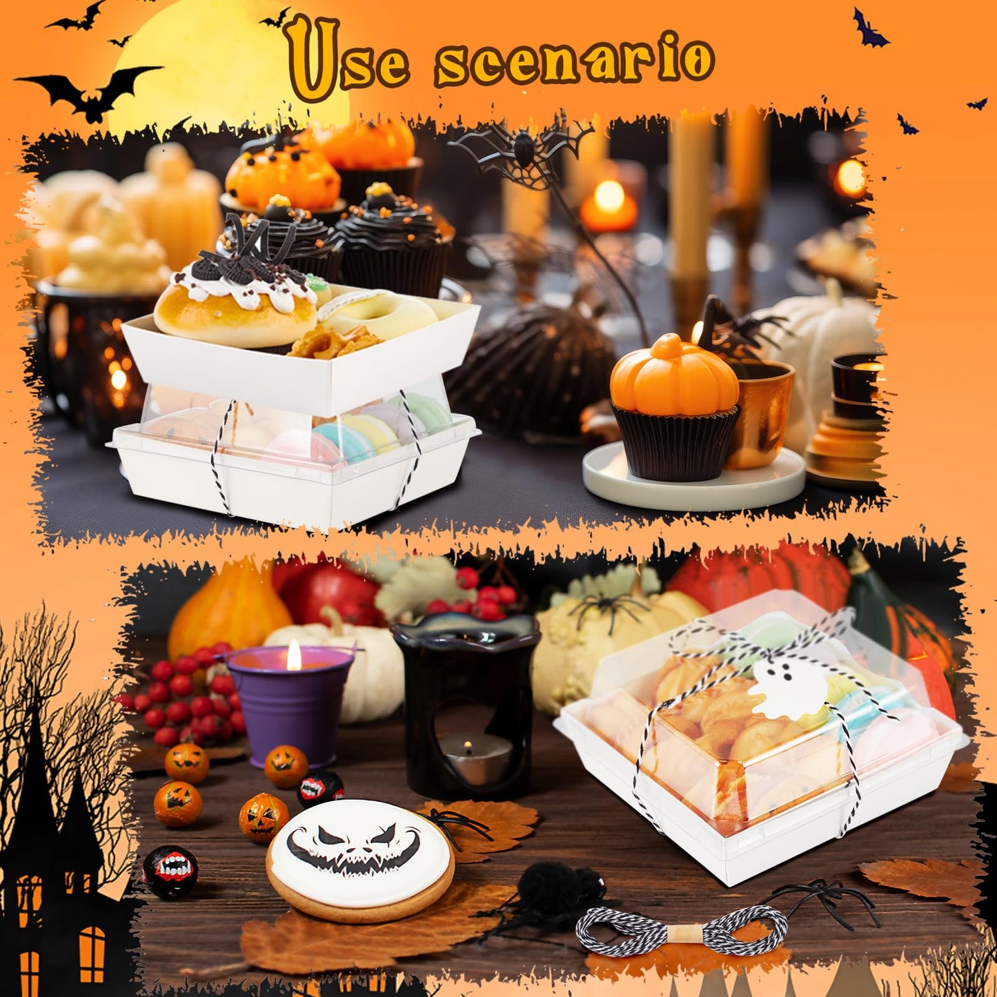 Yaomiao 50 Pcs Halloween Ghost Charcuterie Boxes with Clear Lids Rope Card 5.3 Inch Square Disposable Paper Food Containers Bakery Dessert Treat Boxes for Cake Cookie Sandwich Halloween Party Favors