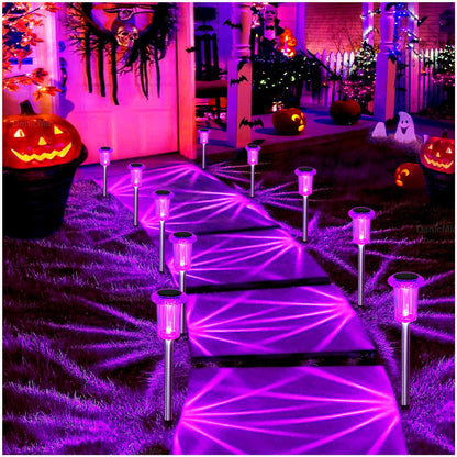 DenicMic Solar Halloween Lights Outdoor 10 Pack Waterproof Outside Lights for Yard Pathway Garden Driveway Walkway Landscape Path Lighting Purple LED Stainless Steel Stake Halloween Decor