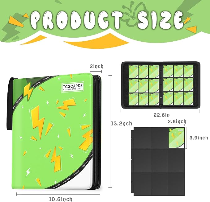 Trading Card Binder 9 Pocket,Card Binder 900 Pockets,Card Book Holder Cards with 50 Removable Sleeves,3-Ring Zip Design MTG/TCG/Sport Collectible Trading Card Albums Gifts for Boys and Girls (Green)
