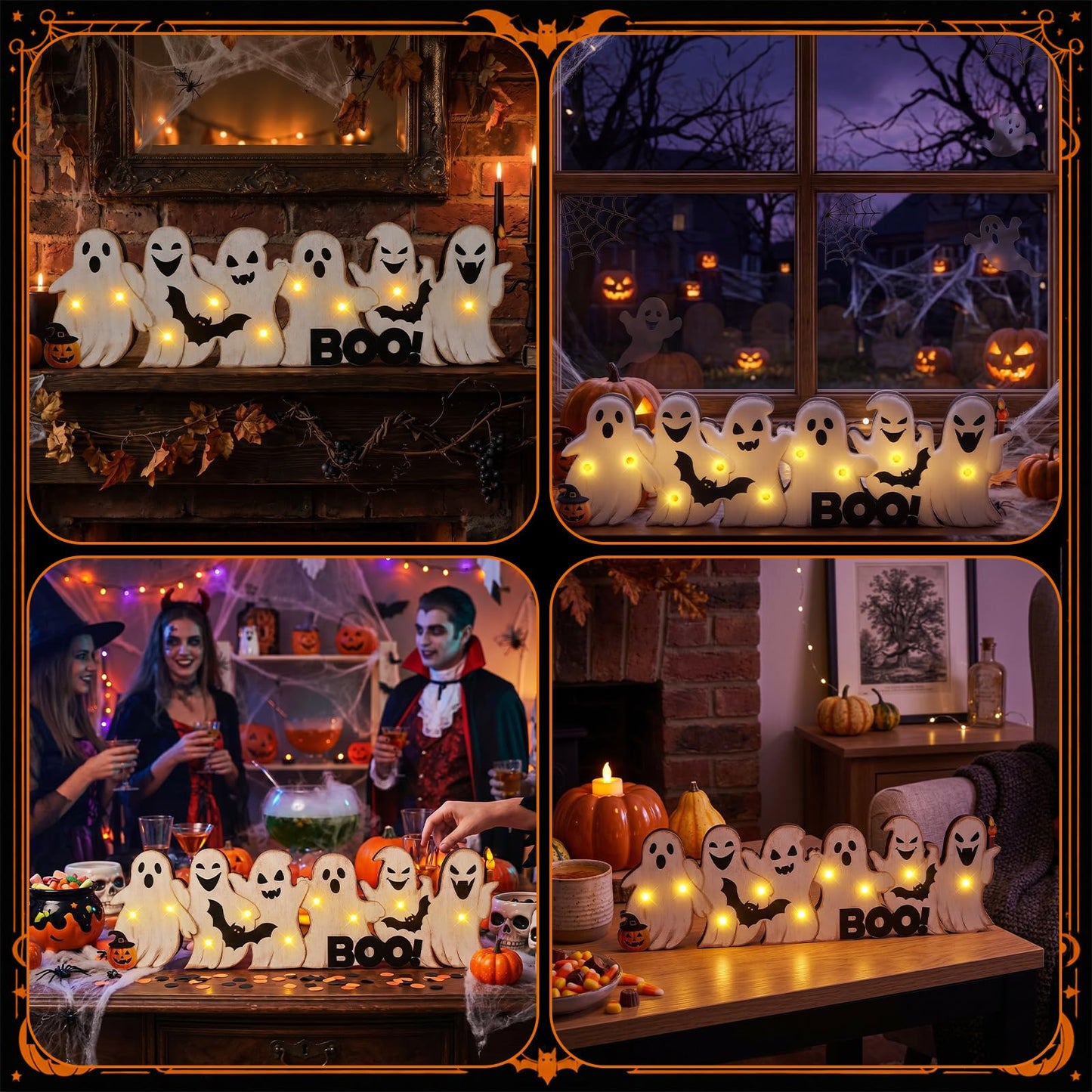 Geetery Halloween Ghost LED Wooden Sign Rustic Wooden Boo Decor Light up Boo Sign Tabletop Centerpiece Decor Ghost Bat Decorations for Halloween Mantel Table Home Indoor Party