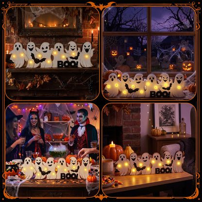 Geetery Halloween Ghost LED Wooden Sign Rustic Wooden Boo Decor Light up Boo Sign Tabletop Centerpiece Decor Ghost Bat Decorations for Halloween Mantel Table Home Indoor Party