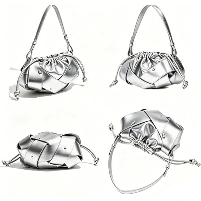 Ophlid Gold Drawstring Bag for Women Evening Bucket Purse Woven Pu Leather Hobo Handbag Cloud Clutch Purse Silver
