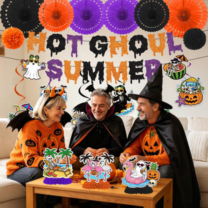 Musaeva Happy Summer Ween Party Decorations, 19PCS Summer Halloween Banners with Hanging Swirls Decorations, Hot Ghoul Paper Fans with Paper Poms Decor for Hallows' Eve Ghost Supplies