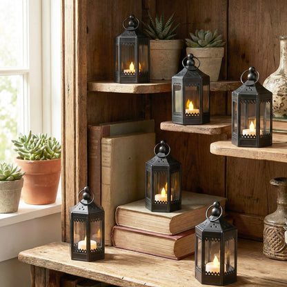 Vela Lanterns Tea Light Candle Holders, Mini Table Centerpieces, Black