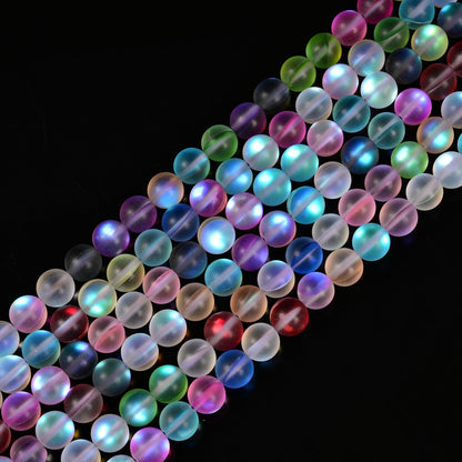 10mm Matte Mixed Color Mermaid Aurora Crystal Glass Bead, Glitter Round Synthetic Moonstone Beads for Jewelry Making Bracelets