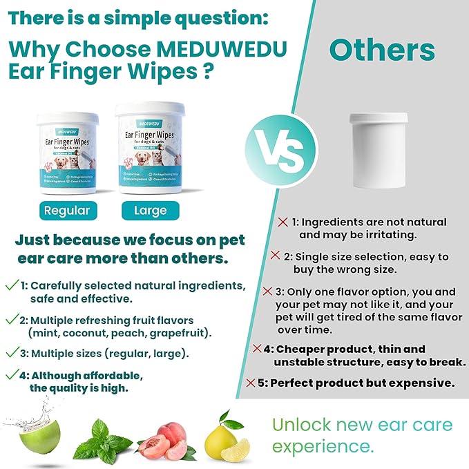 MEDUWEDU Ear Cleaner Finger Wipes 60 Counts, Dog Ear Cleaner, Grooming Kit Care for Dogs and Cats, Soft & Easy Otic Cleaning Pads, Remove Wax, Dirt & Stop Smelly, Itchy, Non-Irritating, Peach Scent