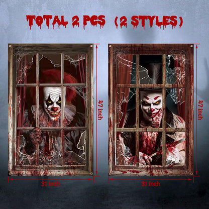 Newwiee 2 Pcs Scary Halloween Curtain Window Silhouette Cover Decoration Theme Poster for Indoor Outdoor Party Wall Door(Blood Clown)