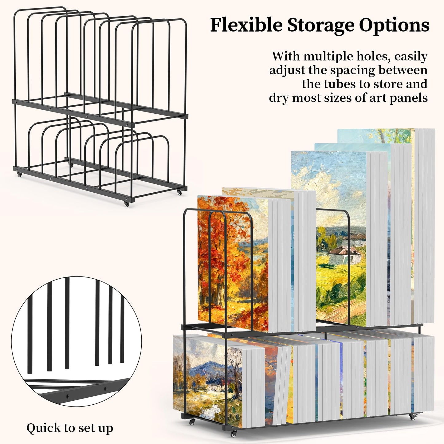 Tredre 2-Tier Art Storage Rack with Wheels, Extra-Large Adjustable Art Drying Painting Rack, Metal Canvas Storage Display Stand for Art Studio, Classroom and Gallery, 38.5" x 39.5" x 16" (Black)