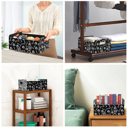 CaTaKu Foldable Storage Basket Halloween Skull Black Collapsible Felt Storage Bins with Handle Drawer Organizer Bin Cube Shelf Box for Organizing Closet Clothes Office Books Bedroom