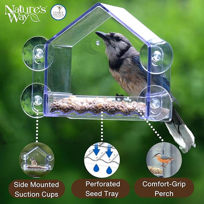 Nature's Way Win-3 Clear View Window Bird Feeder with Strong Suction Cups, Transparent Outdoor Wild Bird Seed Feeder and Décor, 2 Cup Capacity, Clear, 6.5"