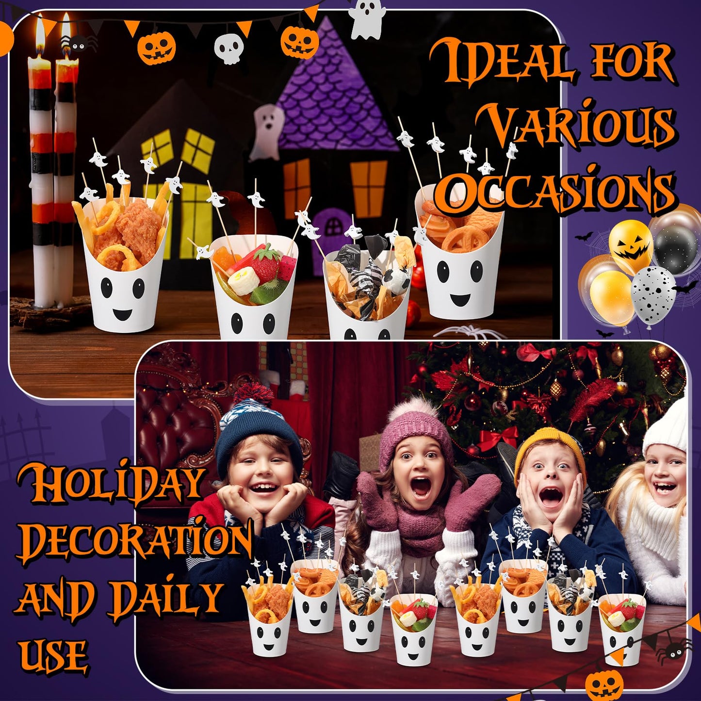 Chengu 260 Pcs Halloween Charcuterie Cups with Picks Sets 60 Pcs 14 oz French paper Appetizer Cups 200 Cocktail Pick Disposable Snack Fruit Stick for Halloween party Decor Supplies(Ghost Style)