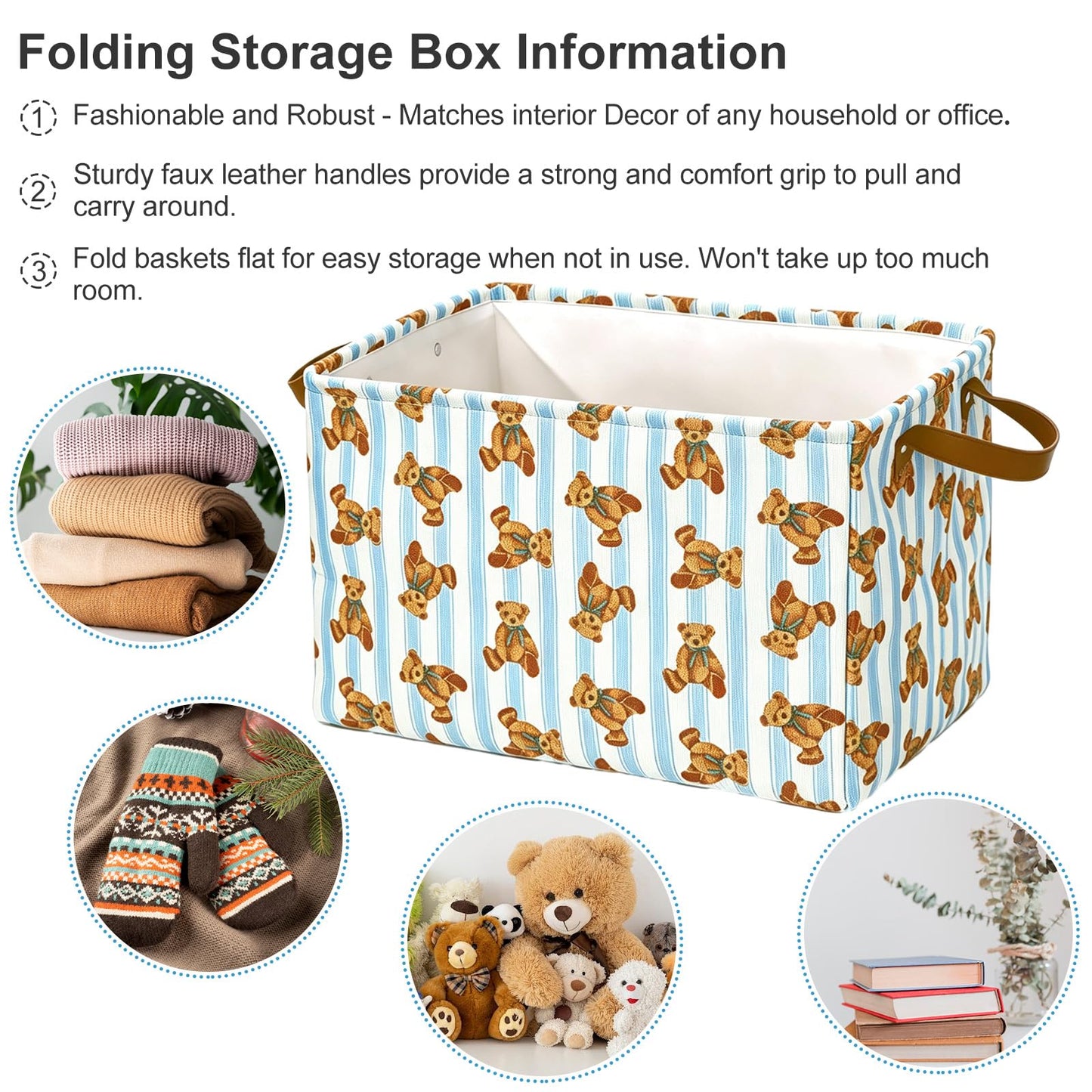 JarThenaAMCS 2 Pcs Cute Bear Storage Basket with Handles Blue Striped Bear Cube Storage Bin Foldable Fabric Container Organizer Box for Home Office Dorm Closet Shelf Toy