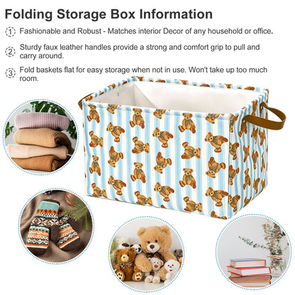 JarThenaAMCS 2 Pcs Cute Bear Storage Basket with Handles Blue Striped Bear Cube Storage Bin Foldable Fabric Container Organizer Box for Home Office Dorm Closet Shelf Toy