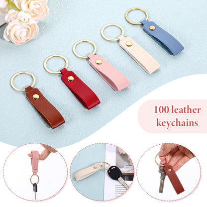 YQQYG 100 Pcs Leather Keychain Blanks Bulk for DIY Crafting, PU Leather Keychains with Metal Rings & Rivets for Engraving, Multicolor Key Chains Bulk