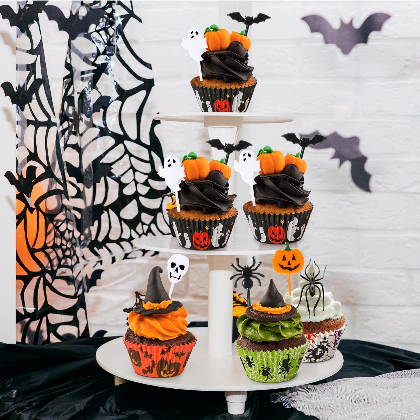 Cunhill 150 Pieces Halloween Picks Set 50 Plastic Cupcake Topper Pumpkin Bat Ghost Toothpicks with 100 Paper Cupcake Liners Muffin Wrappers Baking Cups for Birthday Halloween Party Supplies