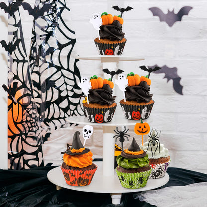 Cunhill 150 Pieces Halloween Picks Set 50 Plastic Cupcake Topper Pumpkin Bat Ghost Toothpicks with 100 Paper Cupcake Liners Muffin Wrappers Baking Cups for Birthday Halloween Party Supplies