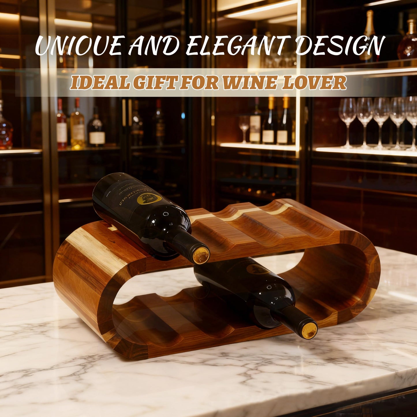 Chreyty Classic Wooden Wine Rack – 8-Bottle Acacia Wine Holder Stand – Freestanding Wine Storage – Great for Home Decor No Assembly Required.