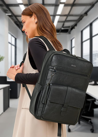 Shrrie 16 inch Vegan Leather Laptop Backpack with USB Charger,Smart Computer Backpack for Men and Women Business,Work,Office,College