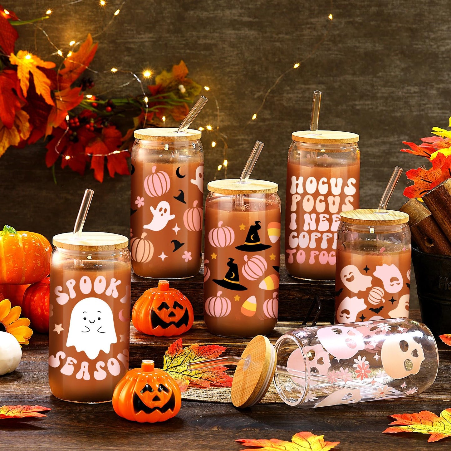 RimCereal 6 Pcs Pastel Pink Ghost Halloween Cup Bulk 16 oz Ghost Glass Mugs with Bamboo Lid and Straw Cute Spooky Skull Iced Coffee Can Tumbler Cute Halloween Stuff Gifts for Women Men Party Favors