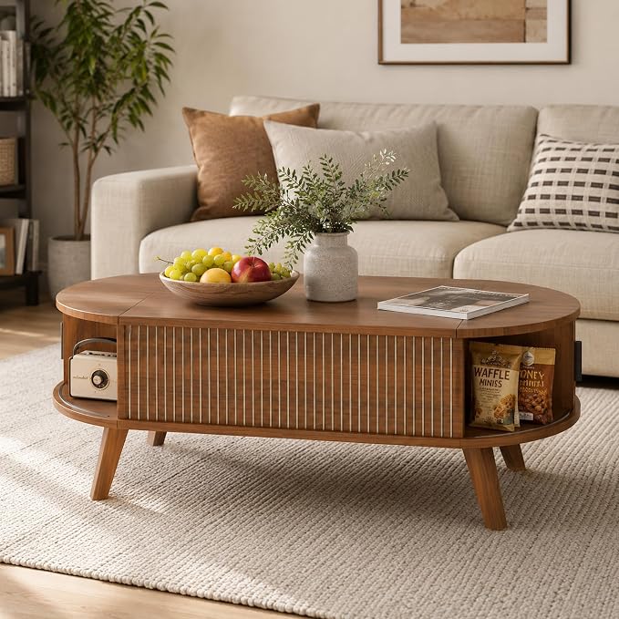 Oval Lift Top Coffee Table with Storage, 47.2" Mid Century Modern Fluted Coffee Table with Sliding Tambour Doors & Hidden Compartment, for Living Room Home Office, Walnut