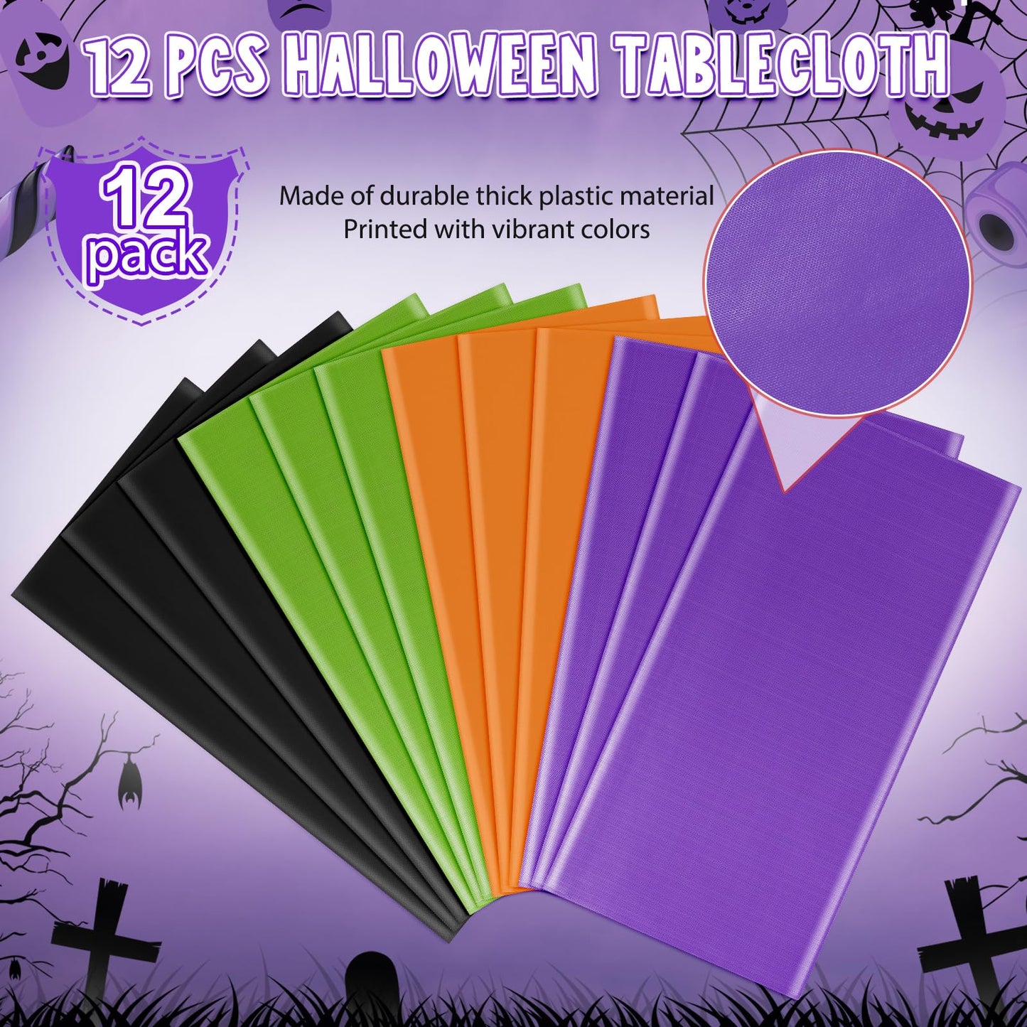 MASHAN 12Pcs Halloween Tablecloth Plastic Orange Black Purple Green Table Cloths Disposable Rectangle Table Covers for Halloween Theme Kids Birthday Witch Vampire Party Decorations, 54 x 108 Inch