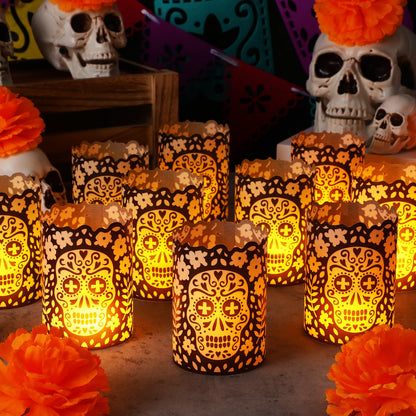 Tuanse 24 Pcs Dia De Los Muertos Decorations Luminary Paper Day of The Dead Votive Candles Holders Altar Paper Lampshade for Halloween Dia De Los Muertos Party Decor Supplies(Black)